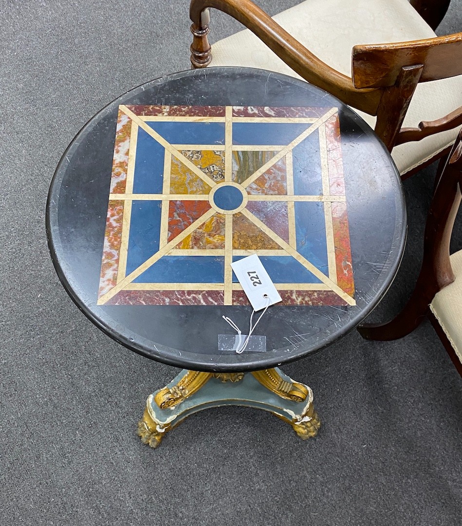 A Regency painted carved giltwood wine table with LATER circular specimen marble top, diameter 45cm, height 73cm